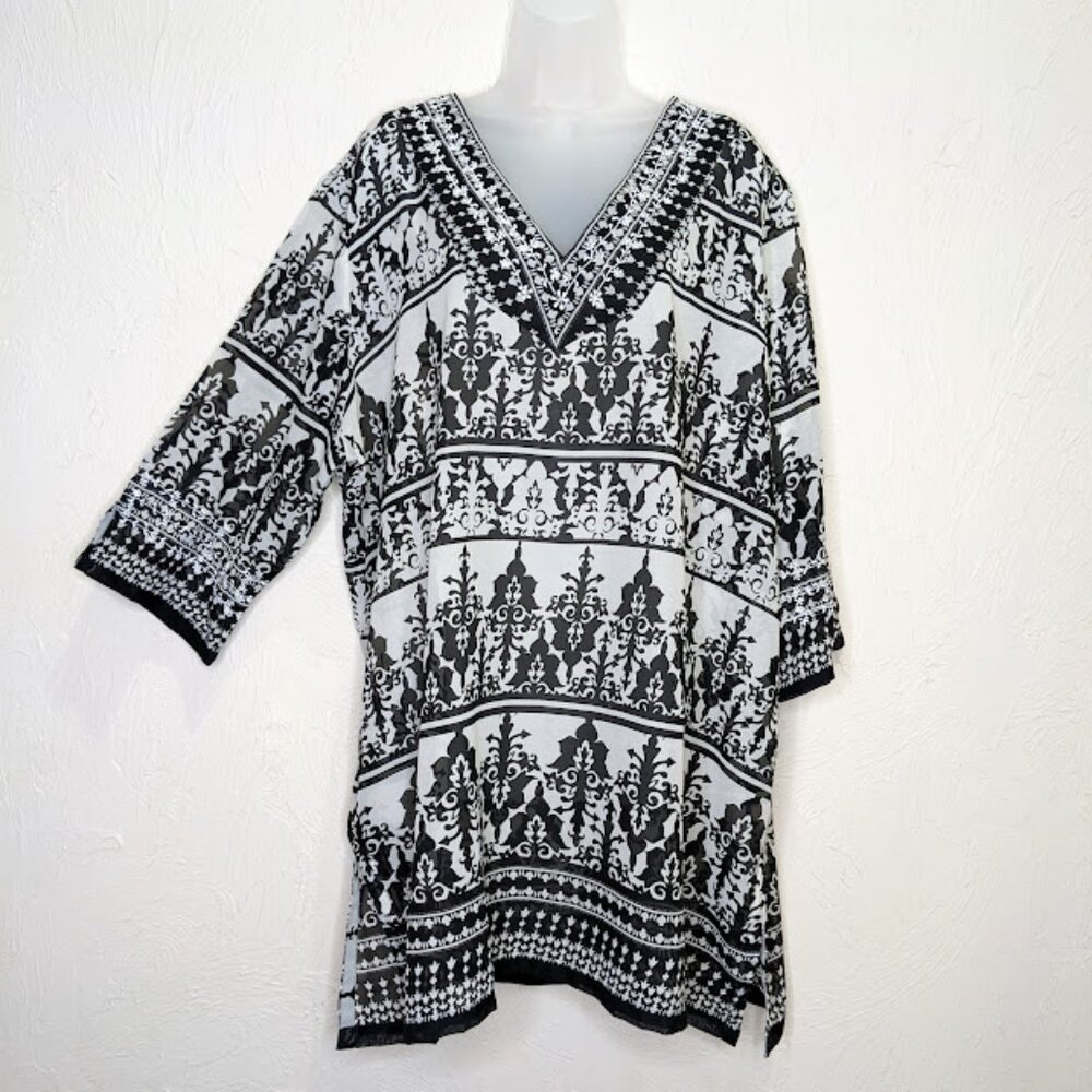 Ulla Popken Plus Size Caftan Womens 24 / 26 Sheer Flowy Knee Length Tunic Blouse